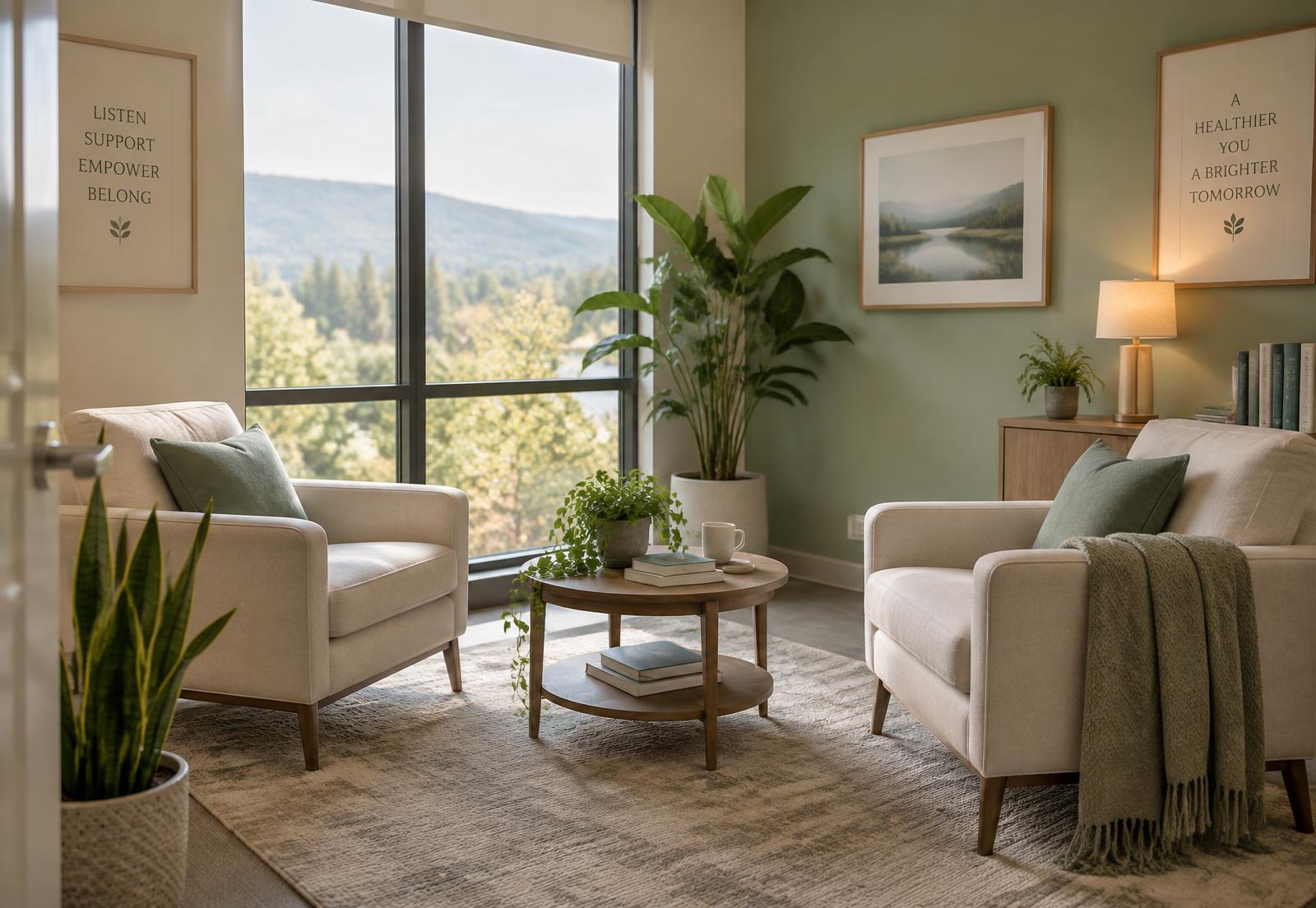 A calm counseling office with two armchairs, plants, and soft natural light
