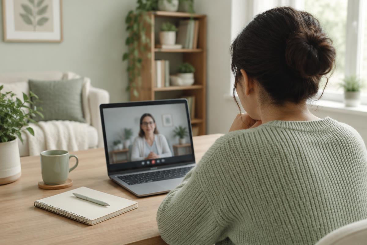 A person seated at a home desk during a video counseling session