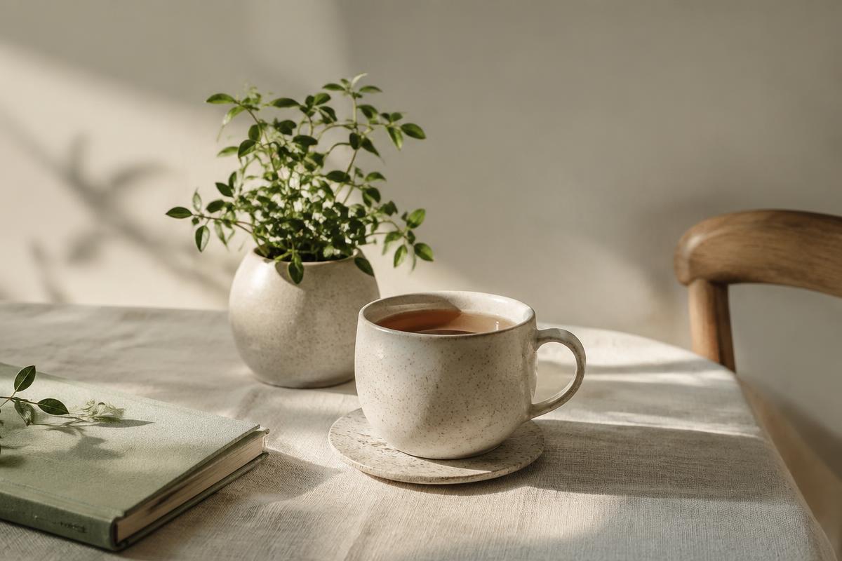 A quiet table with tea, a small plant, and a book in soft morning light